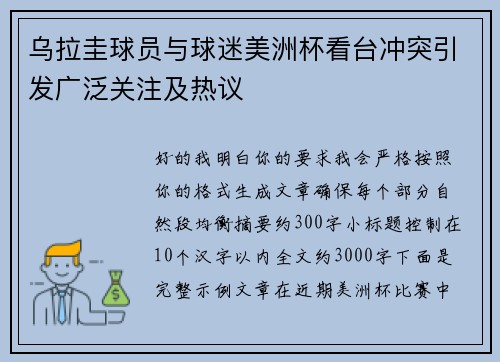 乌拉圭球员与球迷美洲杯看台冲突引发广泛关注及热议